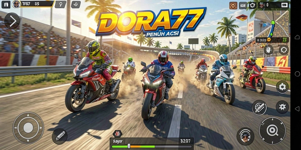 Tangkapan layar DORA77 menampilkan aksi balapan motor yang menegangkan.