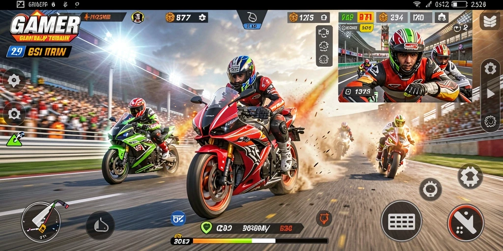 Tampilan gameplay GAMERP dengan aksi balap motor yang seru.
