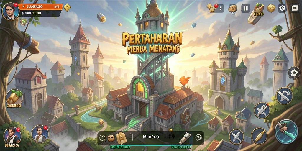 Tampilan gameplay menara pertahanan yang seru dan menantang.