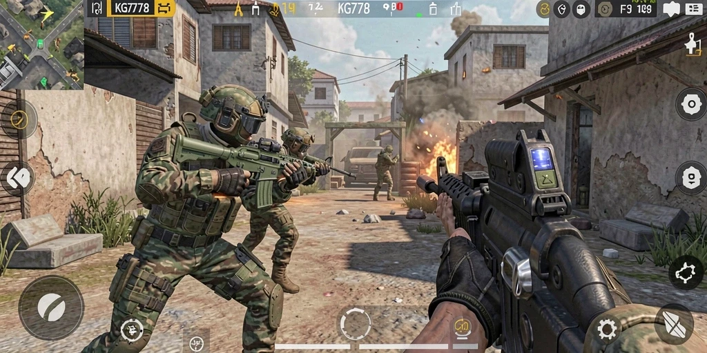 Screenshot menyajikan aksi menembak intens dalam pertarungan FPS.