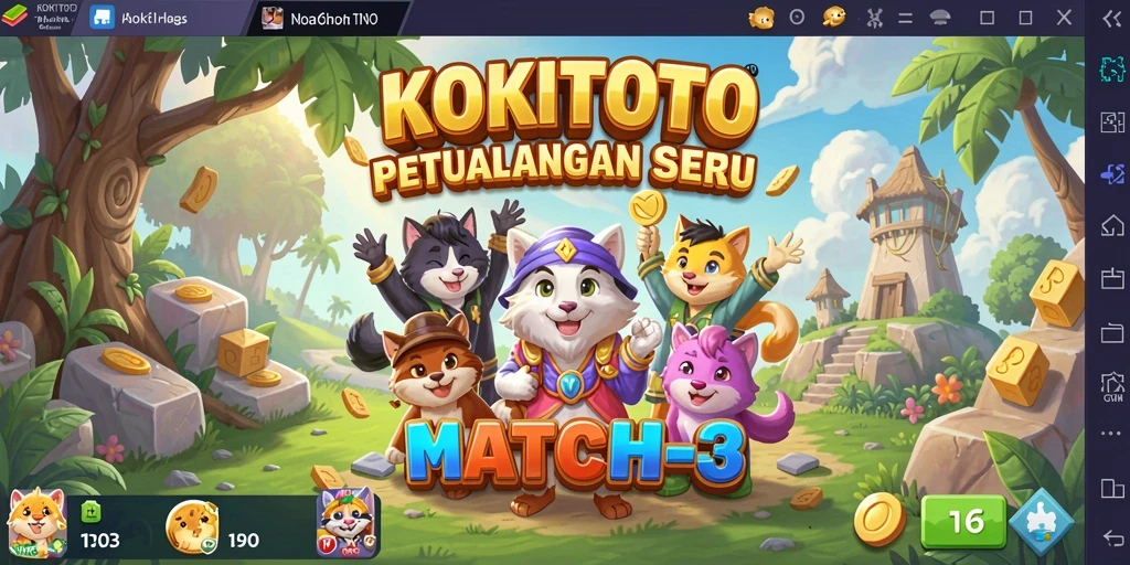 Tampilan gameplay KOKITOTO dengan elemen Match-3 yang cerah.