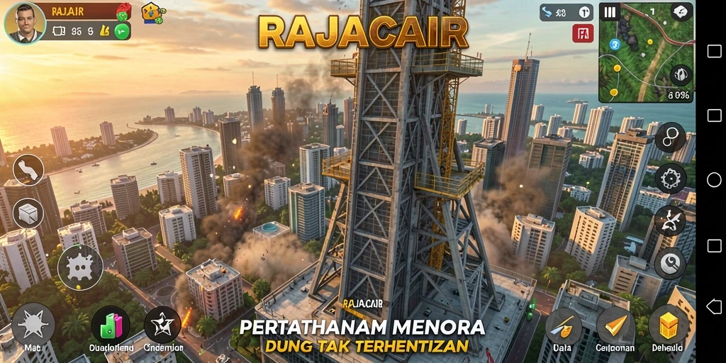 Tampilan gameplay RAJACAIR yang menegangkan saat mempertahankan menara.