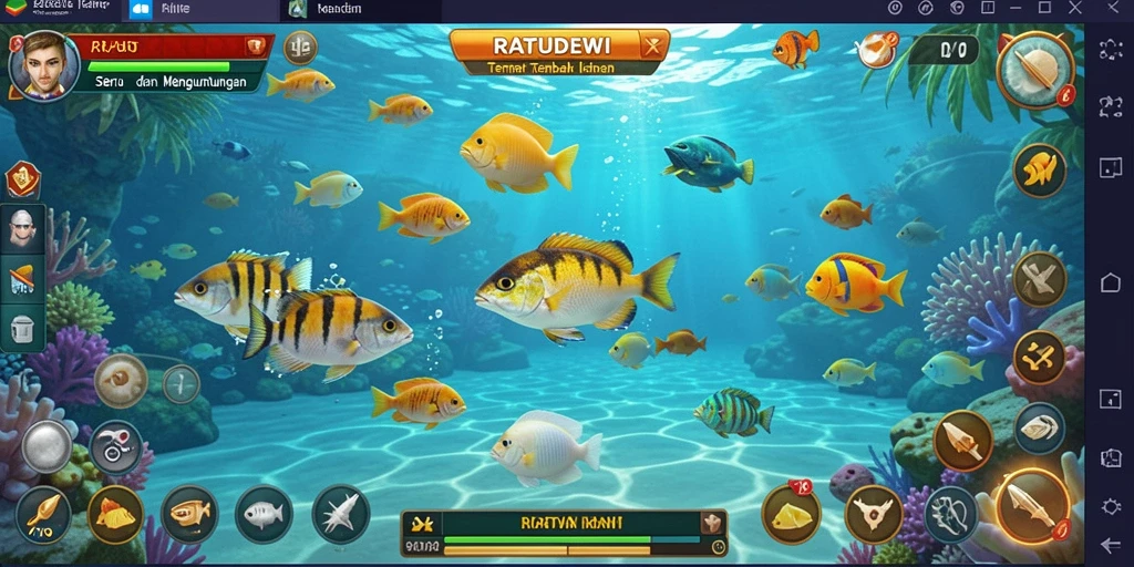 Tampilan gameplay <strong>RATUDEWI</strong> yang penuh warna dengan ikan-ikan menunggu untuk ditembak.