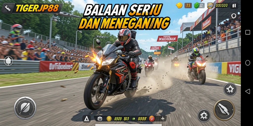 Screenshot utama TIGERJP88 menampilkan aksi balapan motor yang mendebarkan.